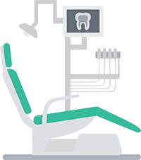 Illustration of a green dentist chair, connected to a light, tools, and a screen with an image of a tooth