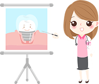 Cartoon illustration of a woman doctor pointing to an image of a dental implant topped with a dental crown with a smiley face