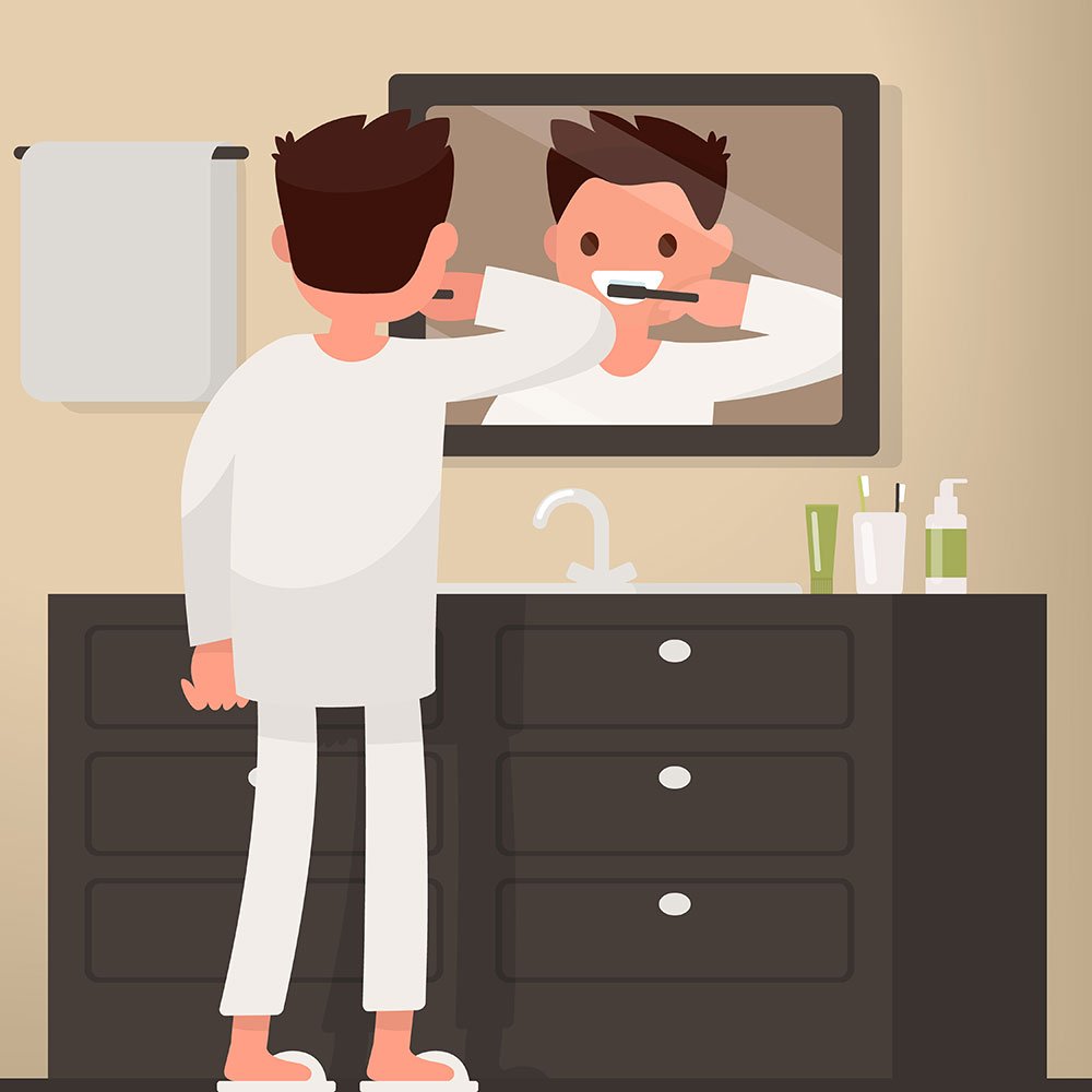 An animated guy brushing his teeth in the mirror